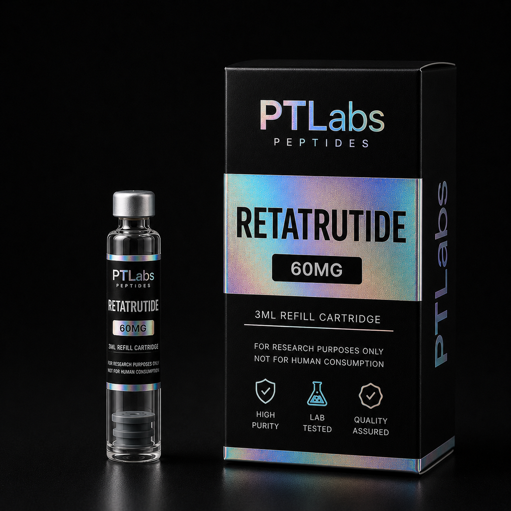 PTLabs Retatrutide 60mg 3ml refill cartridge and product packaging
