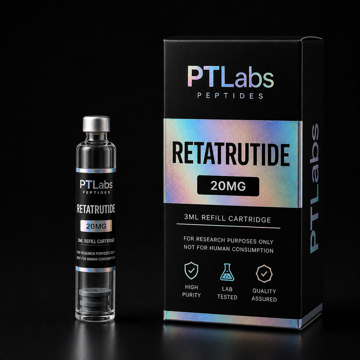 PTLabs Retatrutide 20mg 3ml refill cartridge and product packaging