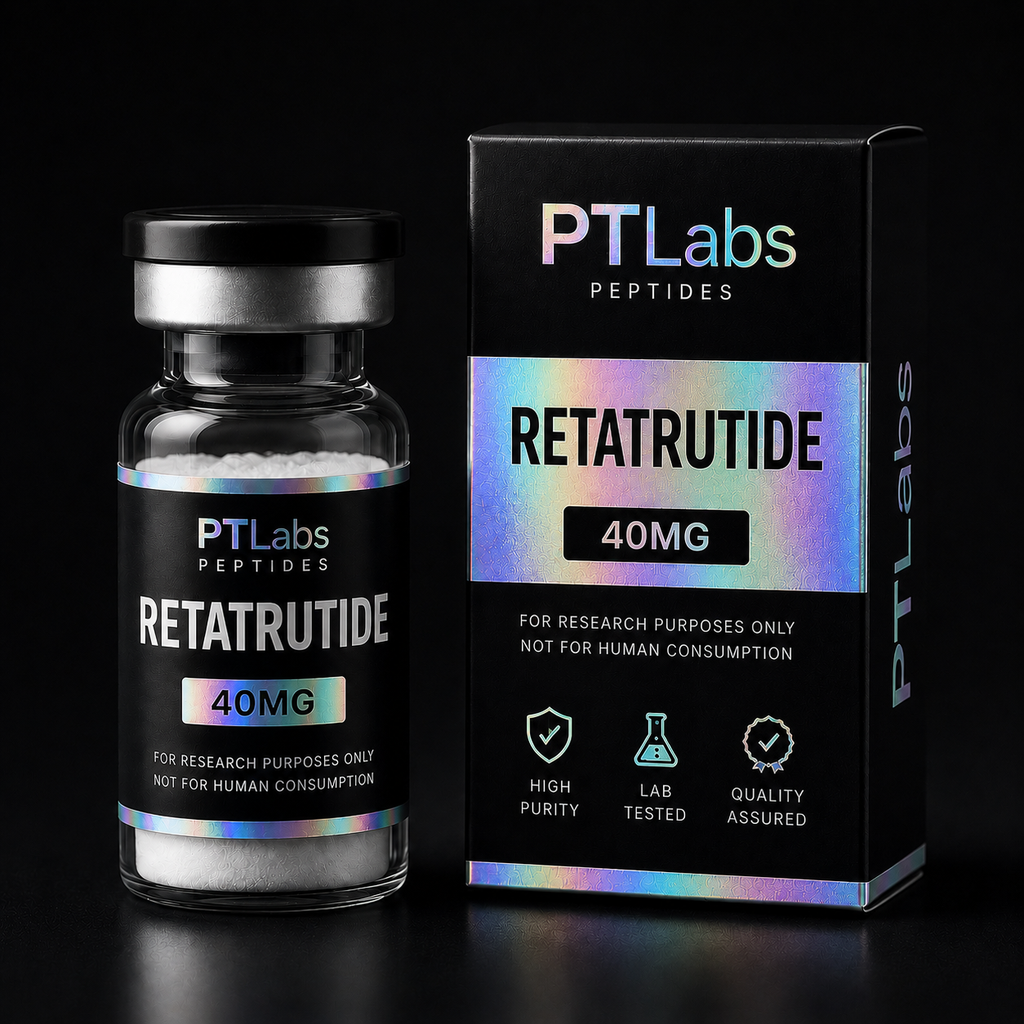 PTLabs Retatrutide 40mg research vial and product packaging