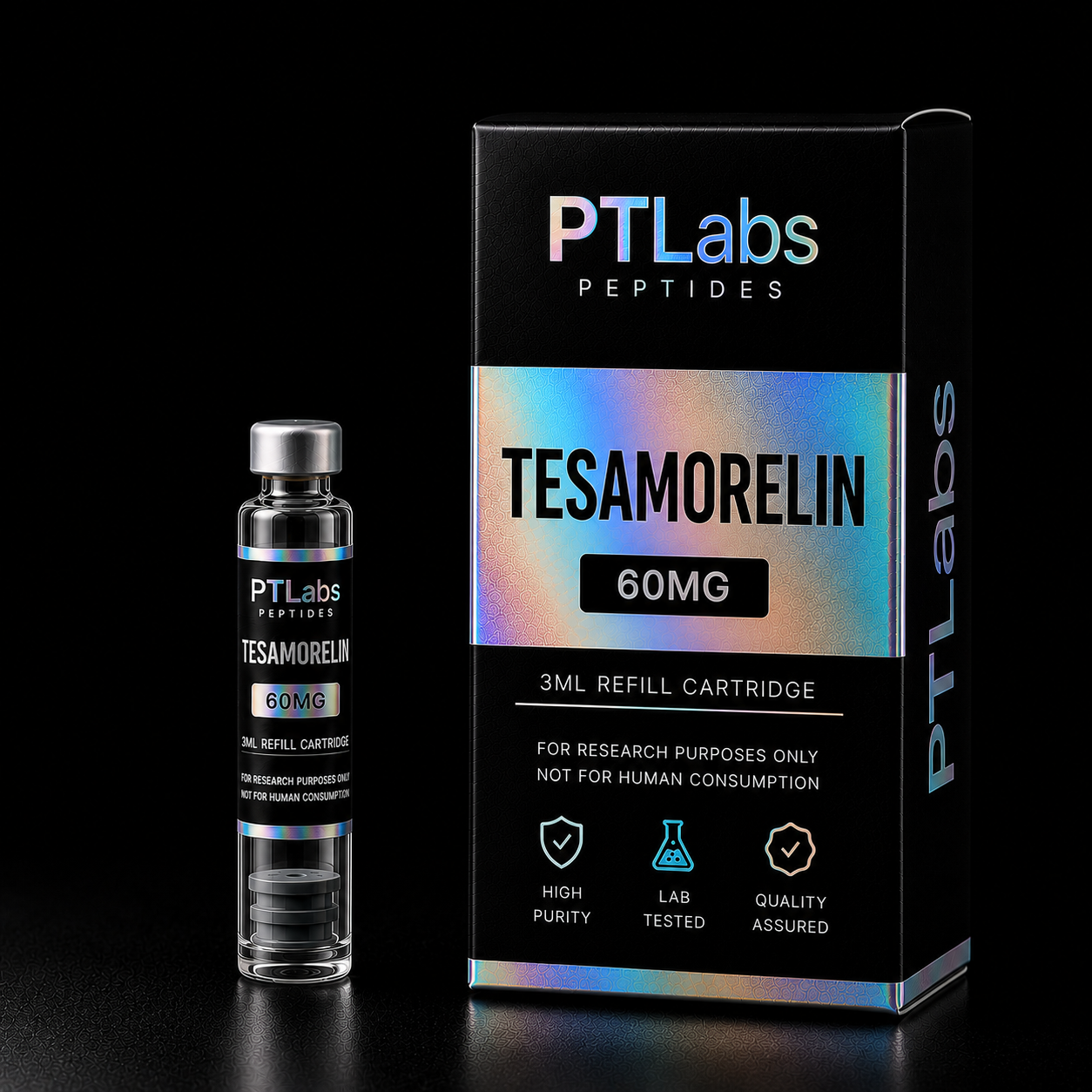 PTLabs Tesamorelin 60mg 3ml refill cartridge and product packaging