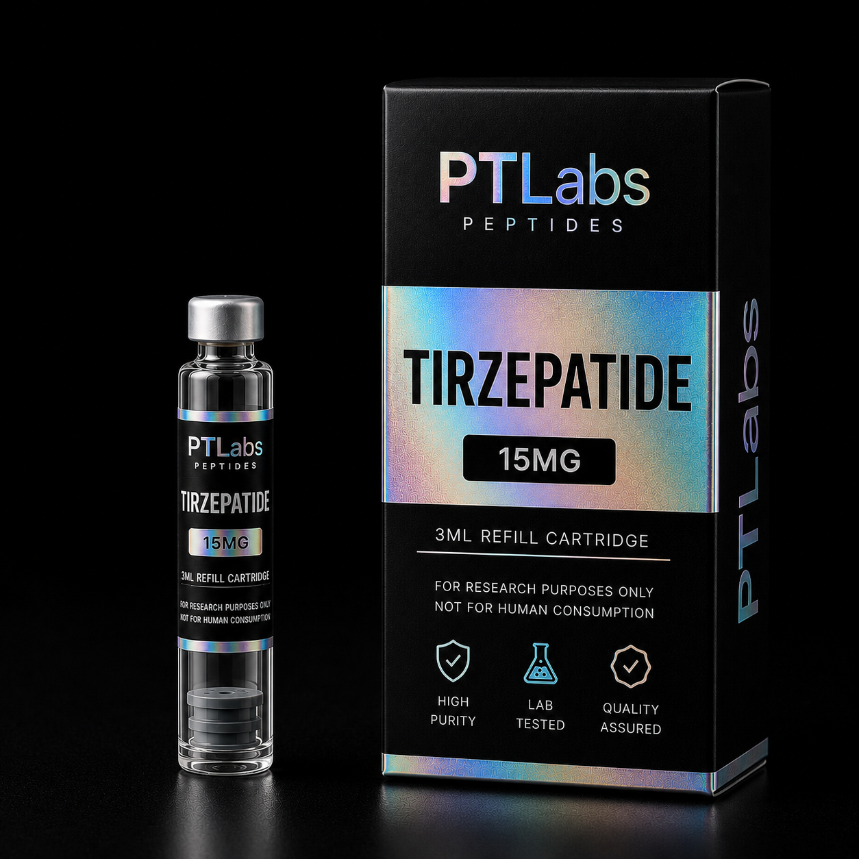 PTLabs Tirzepatide 15mg 3ml refill cartridge and product packaging
