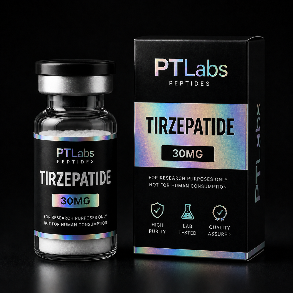 PTLabs Tirzepatide 30mg vial and product packaging